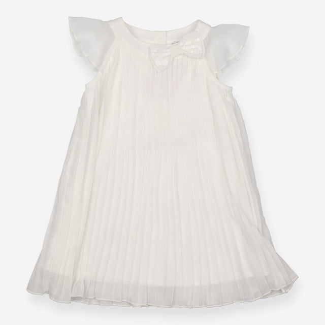 white pleated chiffon dress with bow
