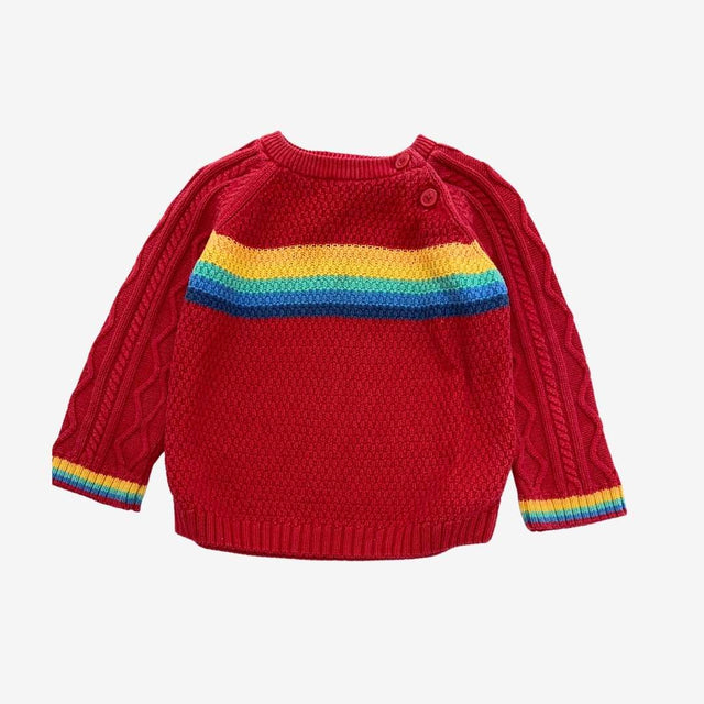 Red moss stitch sweater with rainbow stripe