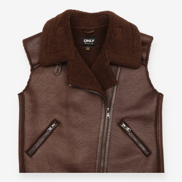Waistcoat Brown Faux Leather Shearling Biker Gilet