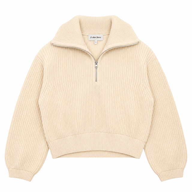 Jumper Knit Half Zip Ribbed Beige