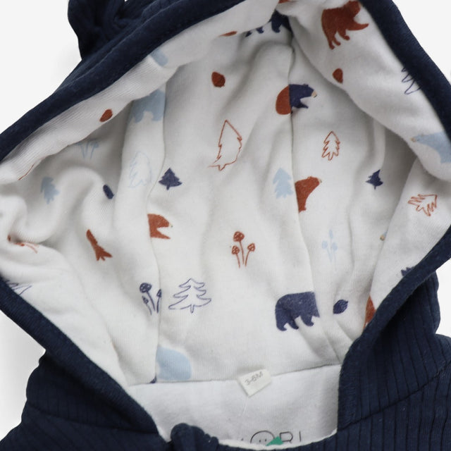 Pramsuit Ribbed Jersey navy with bear Lined Hood