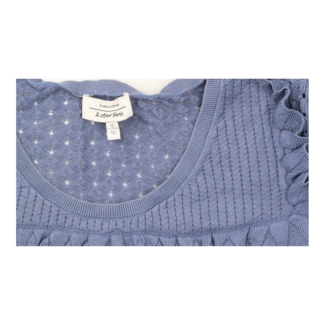 Top Blue Pointelle Knit Ruffle Short Sleeve