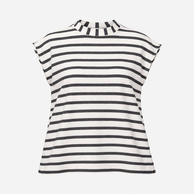 Top Cream Charcoal Striped High Neck Cap Sleeve Re