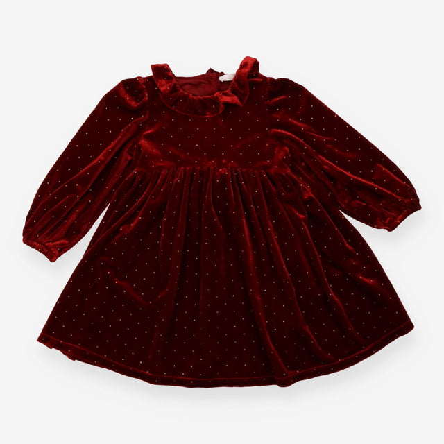 Red velour frill collar dress with gold dots