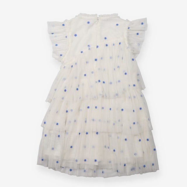 Tiered Dress White with Tulle and Embroidered Blue