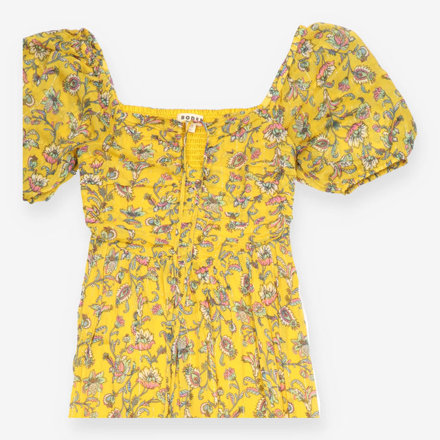 Boden Ochre Yellow Floral Metallic Lurex Smocked M