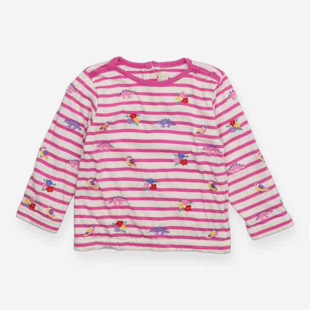 T-shirt long sleeve white and pink stripe embroide