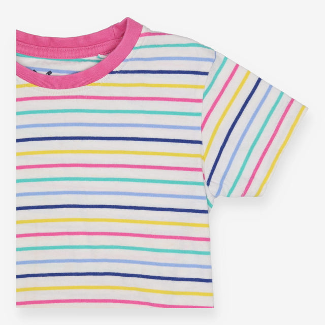 Tee SS white small coloured stripes pink neck