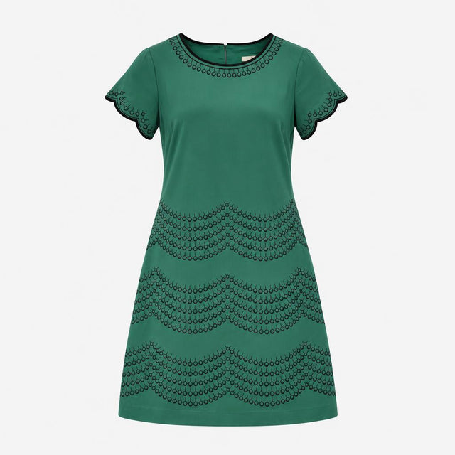 Teal Green Embroidered Scallop Sleeve Shift Dress