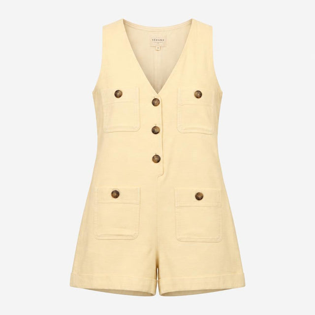 Playsuit Ecru Cream V Neck Button Front Viscose Li