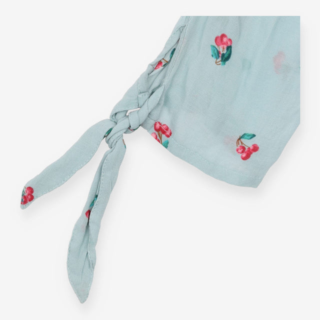 Blouse Pale Blue Cherry Print Tie Cuff Long Sleeve