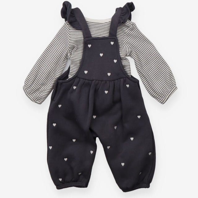 Outfit grey heart dungarees striped bodysuit LS
