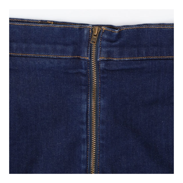 Dark Rinse Denim Skirt Brass Zip Pocket A‑Line