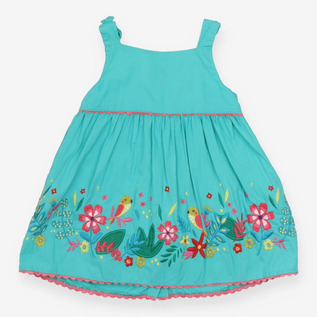 Jersey Summer Dress Green with Embroidered Flowers