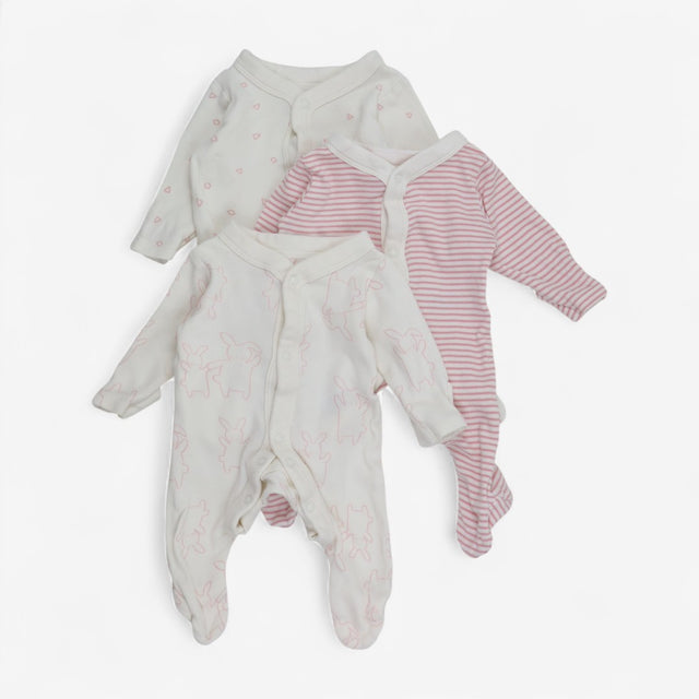 Sleepsuits Pink & White with Bunnies 3pcs
