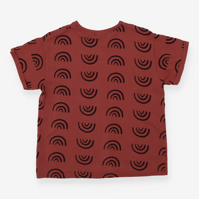 Brick Red Organic Cotton Tee | Abstract Rainbow Pr