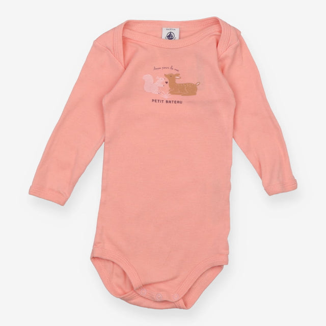 Pink bodysuit with squirrel and deer