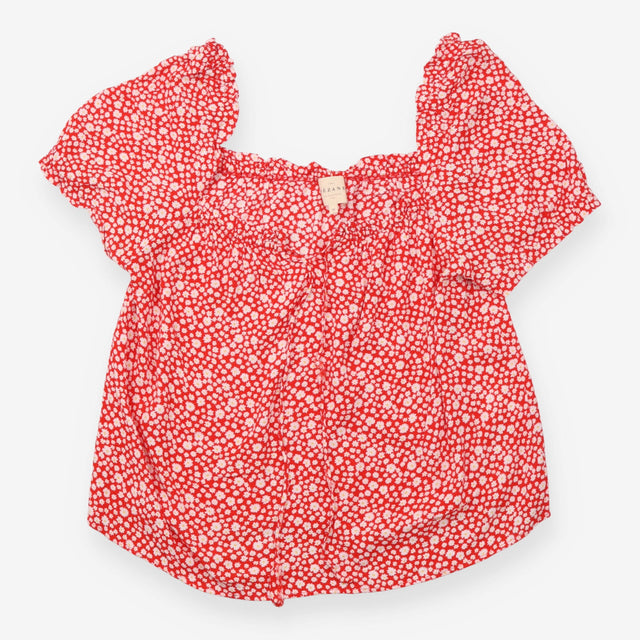 Blouse Red Ditsy Daisy Print Puff Sleeve Tie Front