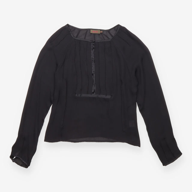 Reiss Black Sheer Pleated Front Long Sleeve Blouse