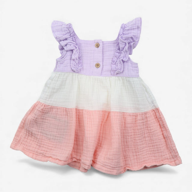 Dress Woven Tiered with Frill Sleeve Purple Pink a