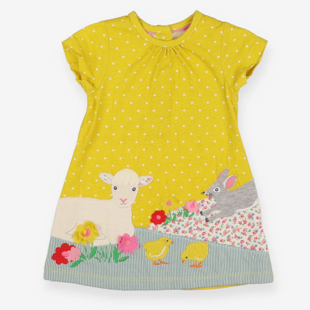 Yellow spotty dress with lamb, rabbit and chicks