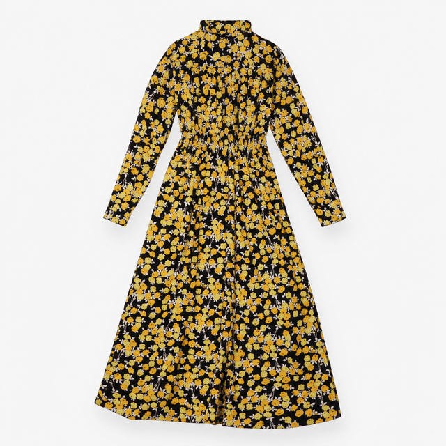 Yellow Floral Long Sleeve Shirt Dress Black