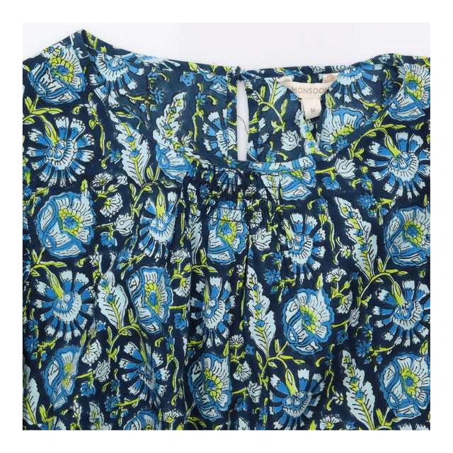 Top Blue Green Floral Print Tie Neck 100% Organic