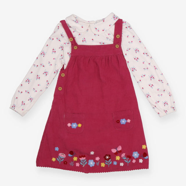 Cord Pinafore Dress Fuchsia and tee White