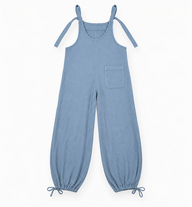 Blue Waffle Cotton Wide Leg Dungarees with Tie Str
