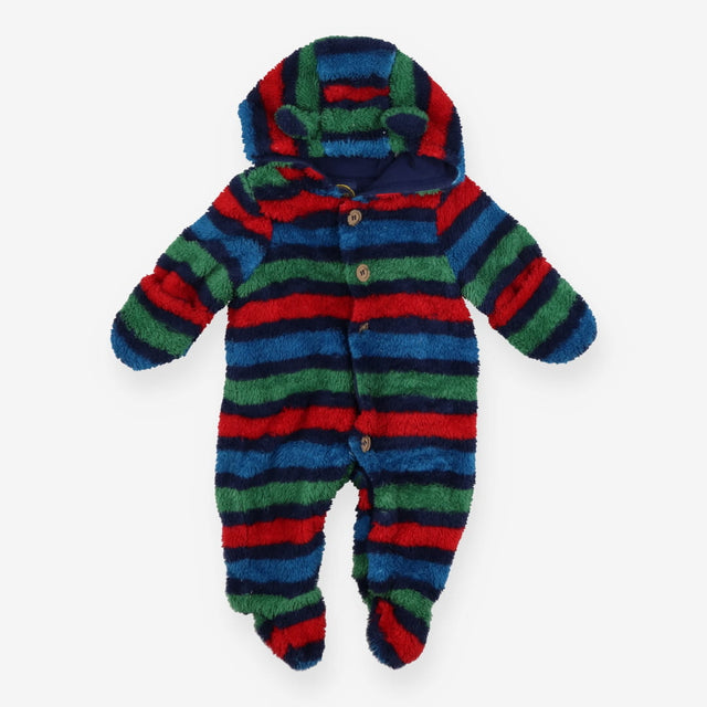 Teddy fleece pramsuit blue/red/green striped