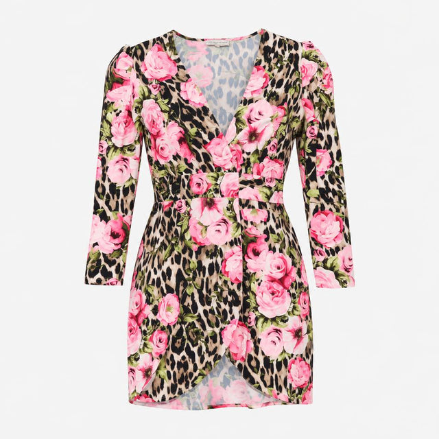 Dress Floral Leopard Print Wrap Mini Pink