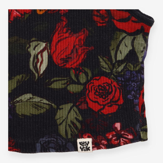 Vest Top Black Floral Organic Cotton Cropped Ribbe