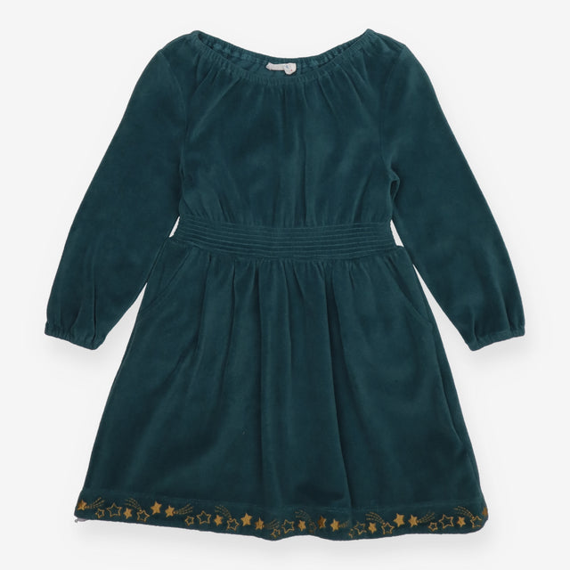 Dress Long Sleeve Teal Velour - Gold Star Trim