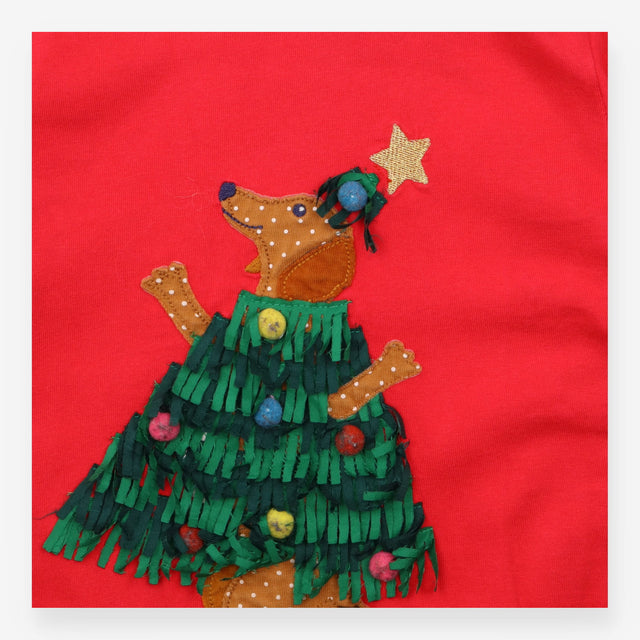 Red long sleeve t-shirt Christmas tree dog