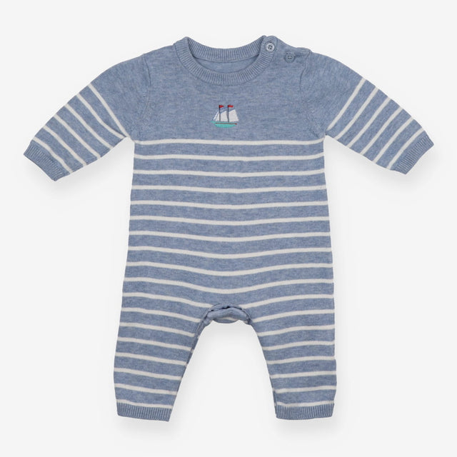 Romper blue stripe knit sail boat