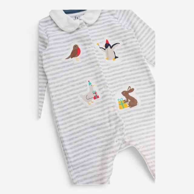 Sleepsuit Collared Grey Stripe with Festive Appliq