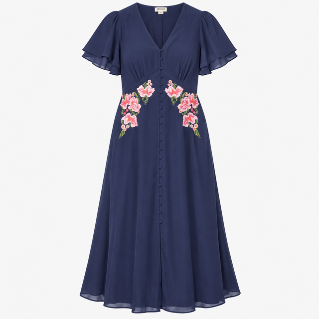 Navy Floral Embroidered Button-Front Midi Dress
