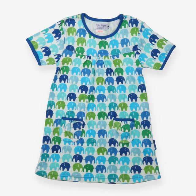 Dress SS jersey white elephants blue green
