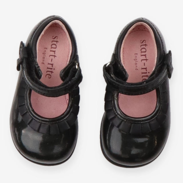 Shoes black patent frill bow to strap