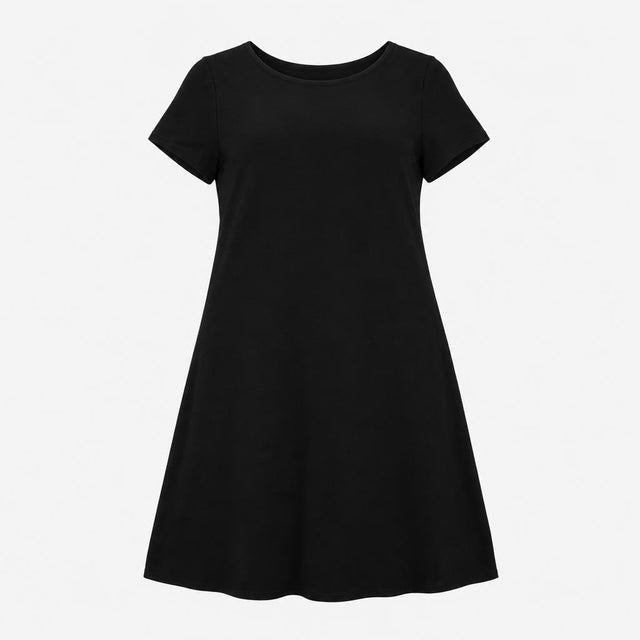 Black Textured Crepe Stretch Scoop Neck Short Slee