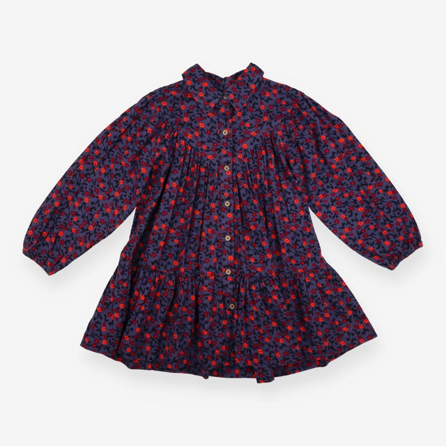 Dark denim dress with red and orange flowers