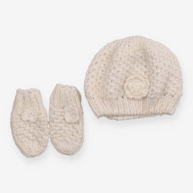 Cream Knit Hat and Mittens