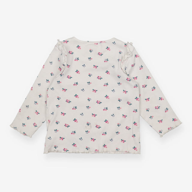 Tee LS white rib small flowers frill shoulder