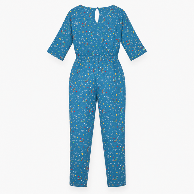 Jumpsuit Teal Blue Celestial Print Wrap Front