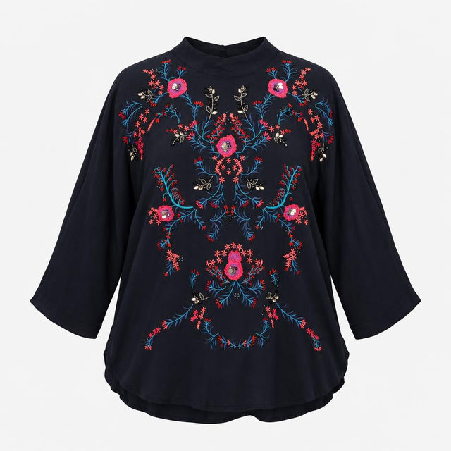 Navy Blue 100% Viscose Floral Embroidered Sequin B