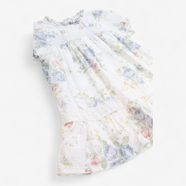 Dress White with Flowers & Lace Detail & Frill Det