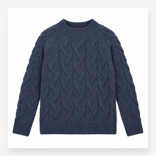 Jumper Blue Cable Knit Pure New Wool Crew Neck