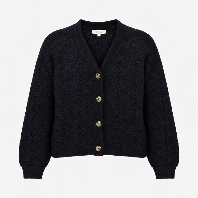 Navy Textured Leaf Knit V Neck Wool Blend Cardigan