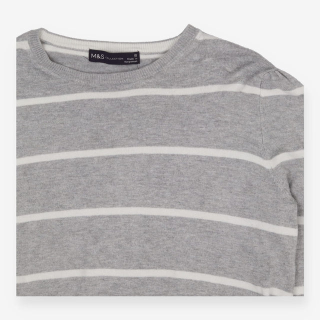 Grey & White Puff Sleeve Sweater – Soft Knit Contr