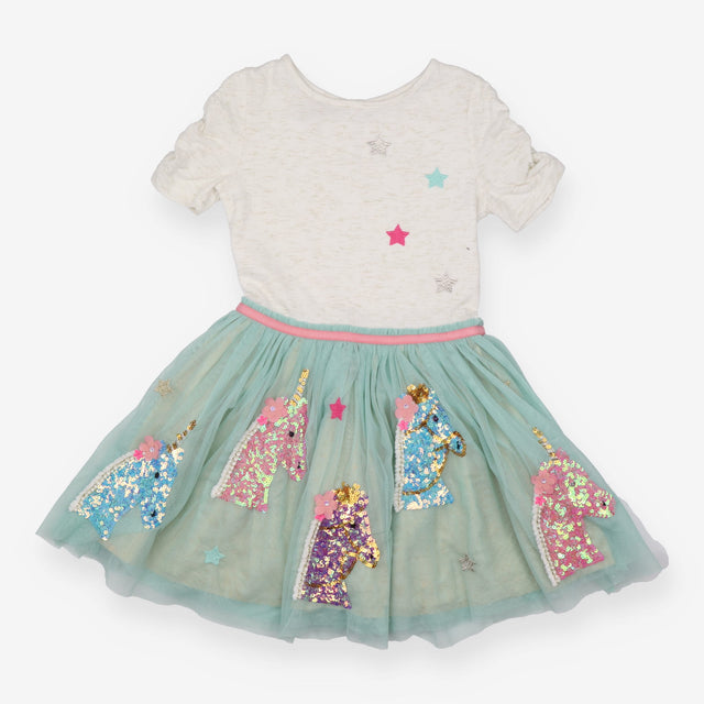 Dress jersey SS cream top green net sequin unicorn